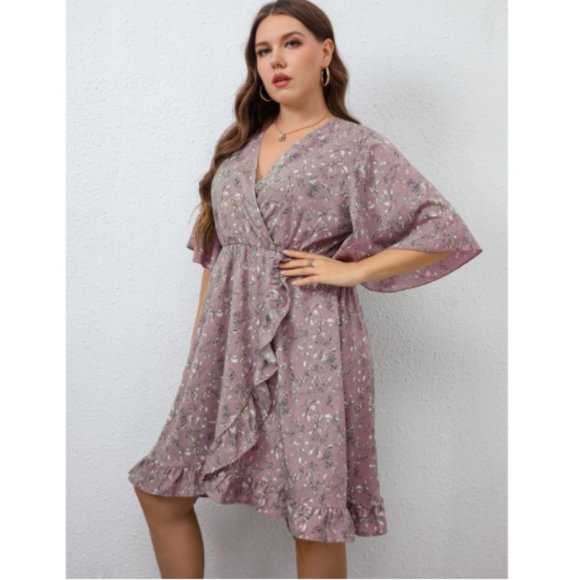 Plus Floral Print Overlap Collar Flutter Sleeve Ruffle Trim Dress Pink 2XL - Picture 6 of 8